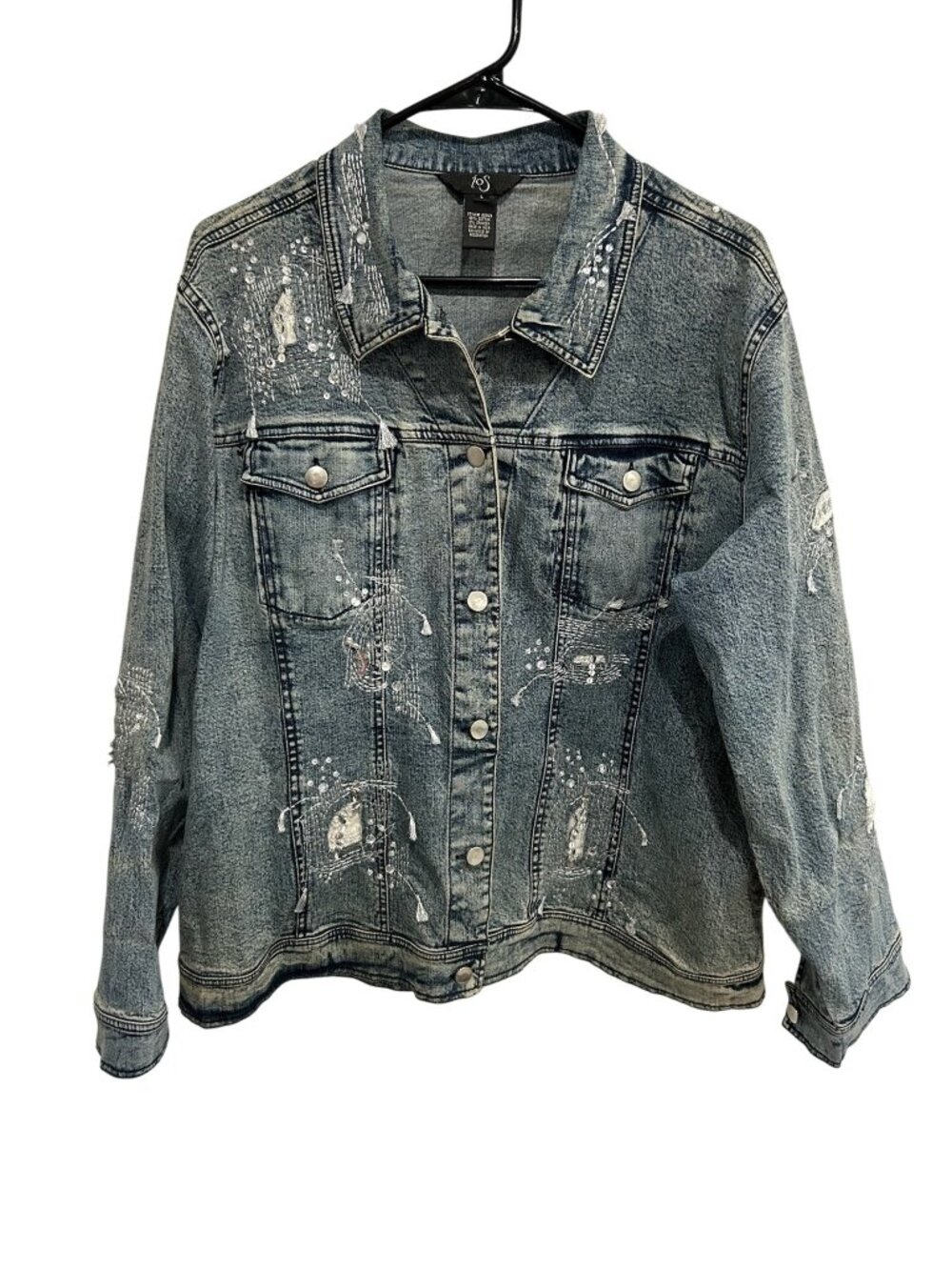 iOS Distressed Sequin Embellished Button Front Denim Jacket Blue Sz Large Retro